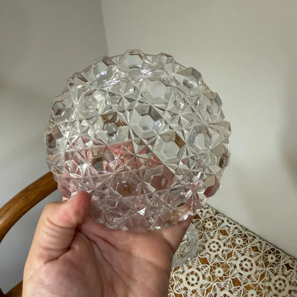 Vintage Glass Diamond Point Clear Covered Candy Dish Footed Oval 5in